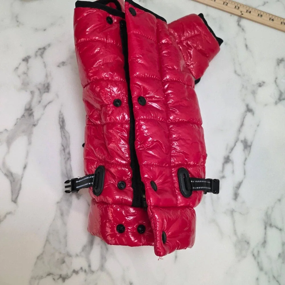 Red Puffer Dog Snowsuit Quilted Pet Jumpsuit with Harness Reflective Trim 12in
